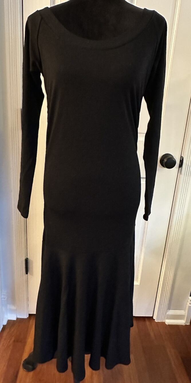 Vintage Silk Assets Black Dress Size Medium Long Sleeve Scoopneck Midi LBD Y2K